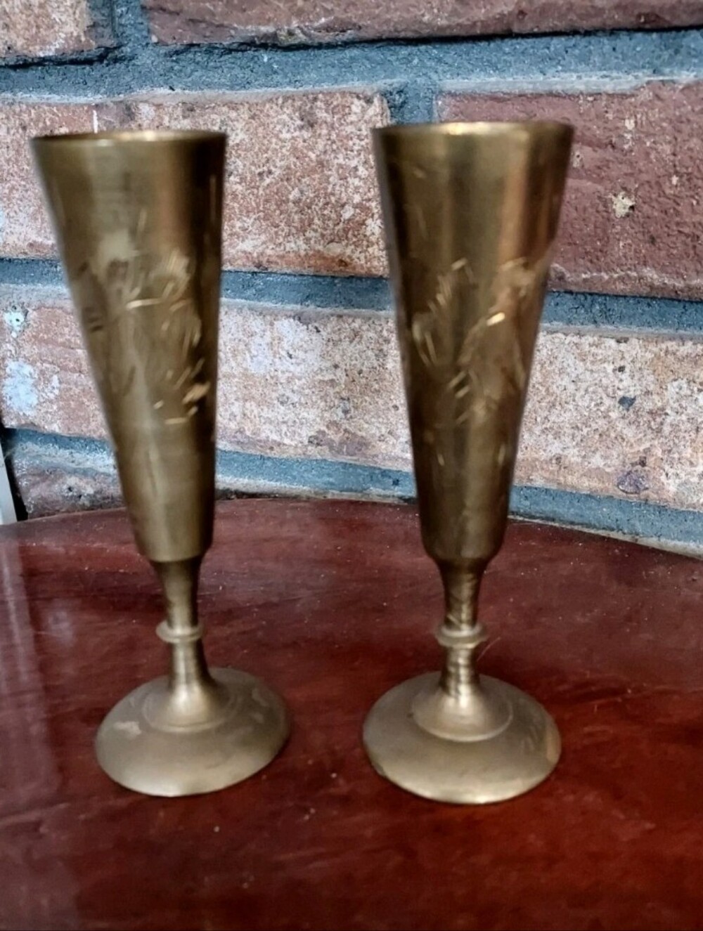 Vintage Brass Etched Mini Goblets Vases Floral 5" Pair India